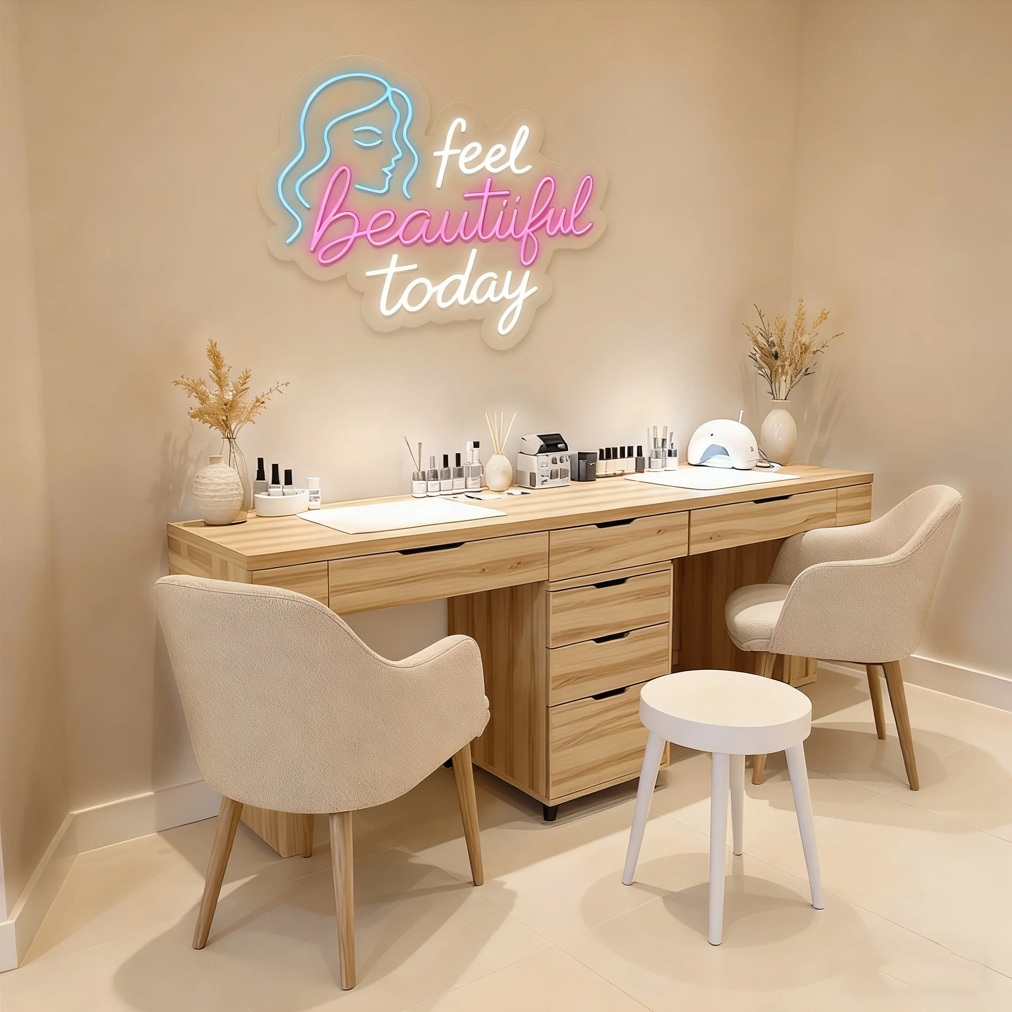 Feel Beautiful Today Neon Sign Feel Beautiful Today Art Sign, Feminine Line Art LED Light Salon Decor Beautiful Inspirational Si