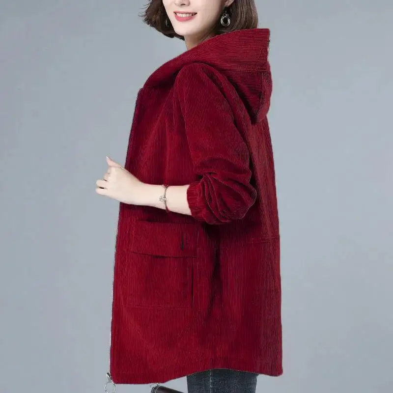 

Corduroy Jacket for Women's Mid-length Spring and Autumn New Large Size Hooded Loose Versatile Middle-aged Mother's Outfit
