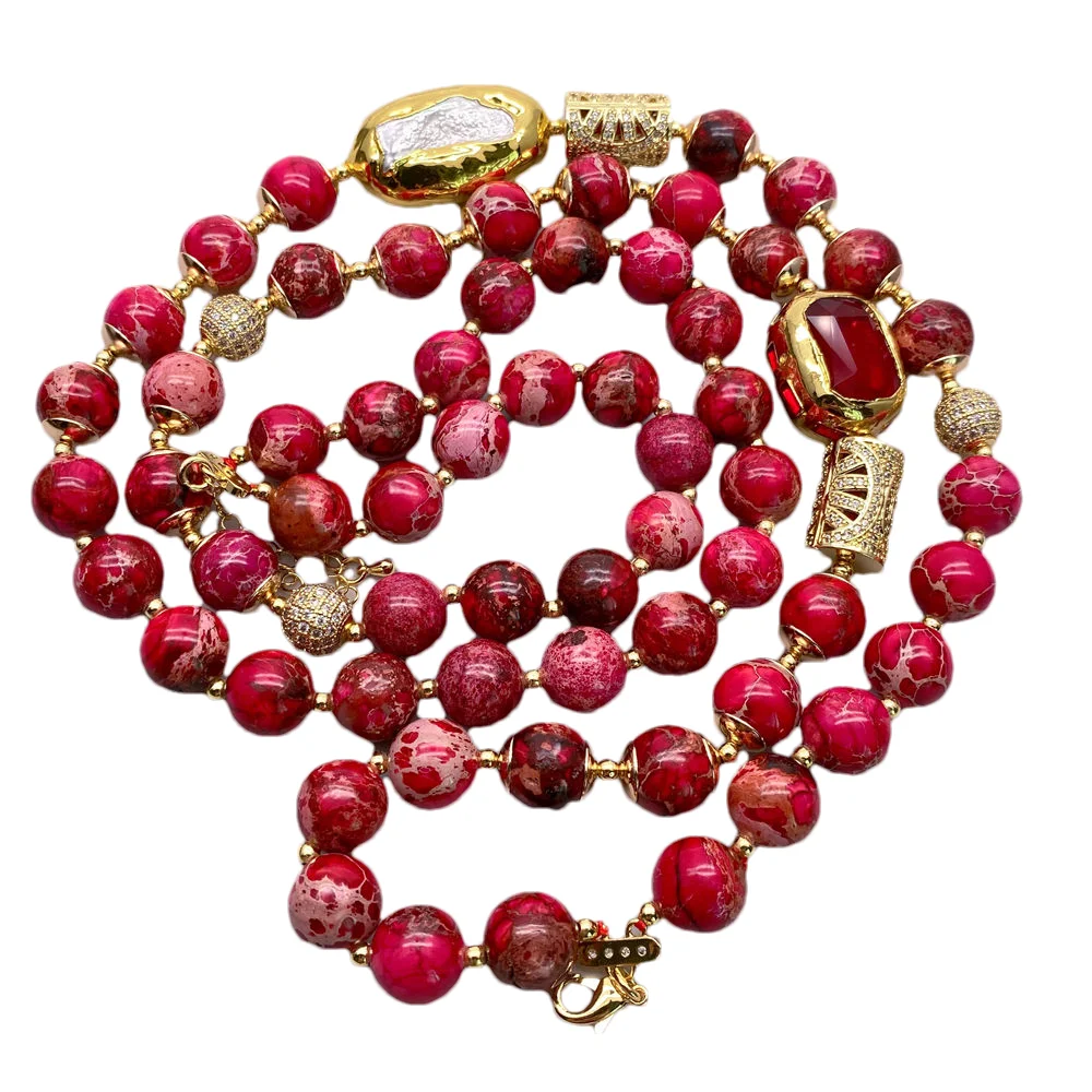 YYGEM 10mm Round 2 Strands Fuchsia Sea Sediment Jasper Necklace Red Jade White Biwa Pearl Bead Choker Jewelry