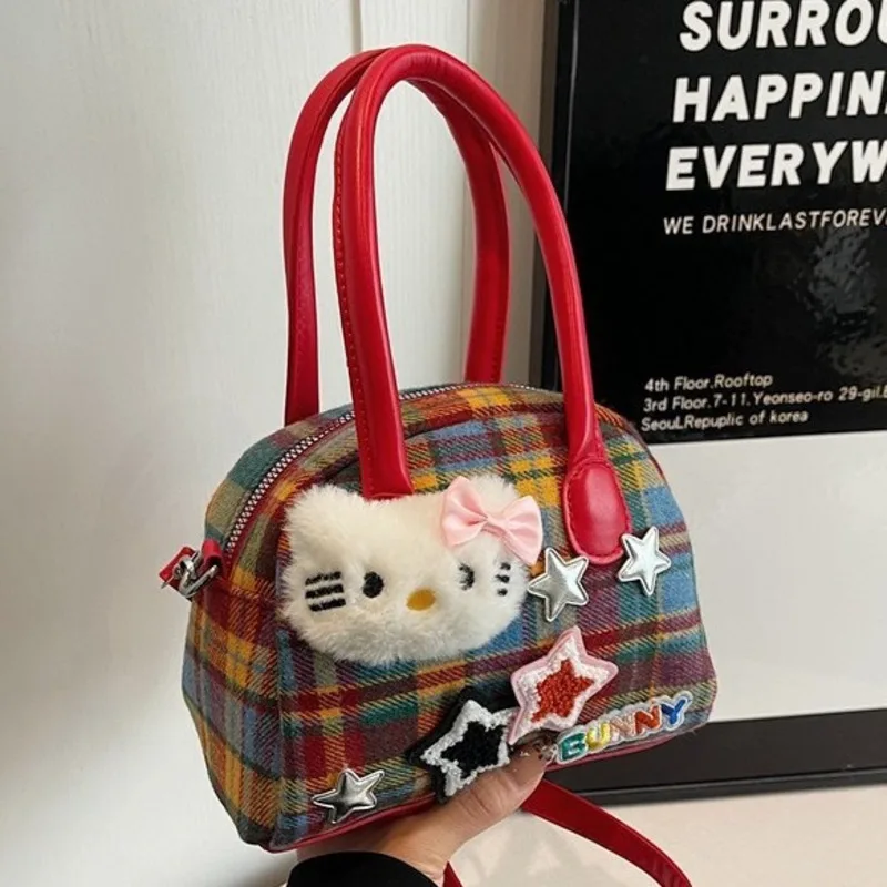 Sanrio Hello Kitty Women New Plaid Design Handheld Crossbody Bag Cute Trendy Handbag Korean Style Simple Commuting Crossbody Bag