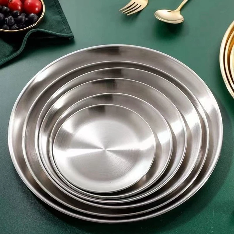 ABHG Stainless Steel Bone Spitting Dish Silver Shallow Tray Metal Dining Disc Round Plate Dessert Tableware