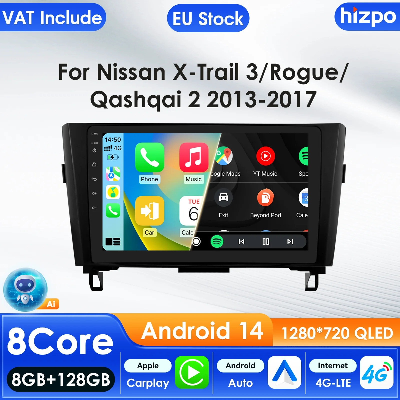 Hizpo Autoradio für Nissan Qashqai J11 X-Trail 3 T32 2013–2017 Audio-Multimedia-Player CarPlay Android Auto GPS WIFI Autoradio