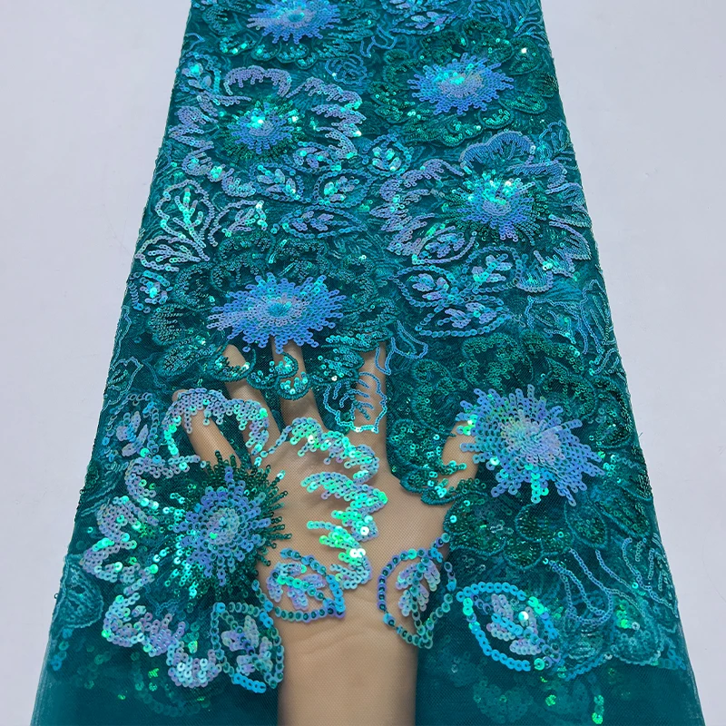 French luxurious lace mesh fabric, high-quality African sequined lotus leaf sequined dress, embroidered lace trim fabric