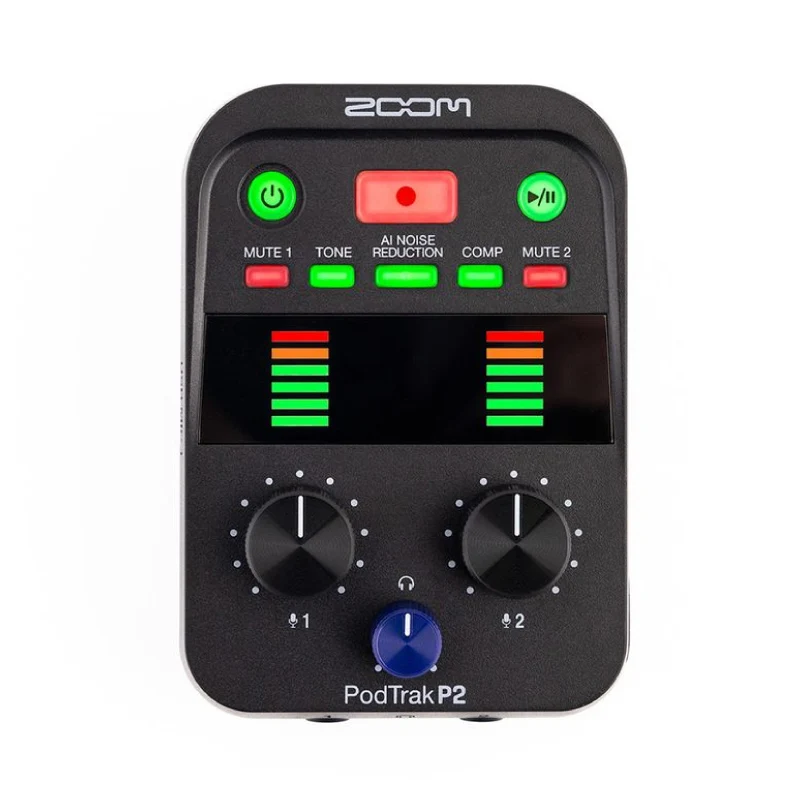 Grabadora de Podcast ZOOM PodTrak P2 con 2 Entradas de Micrófono USB, 2 Salidas para Auriculares, Reducción de Ruido por IA, Efectos de Tono y COMP