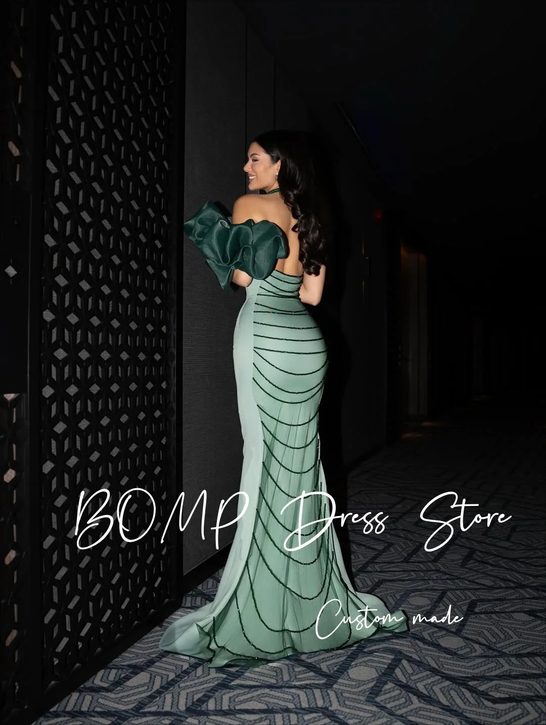 BOMP Elegantes Abendkleid aus grünem Satin, Meerjungfrau, dunkelgrün, Organza, Perlenstickerei, für formelle Anlässe, Abendkleid, individuelle Partykleider