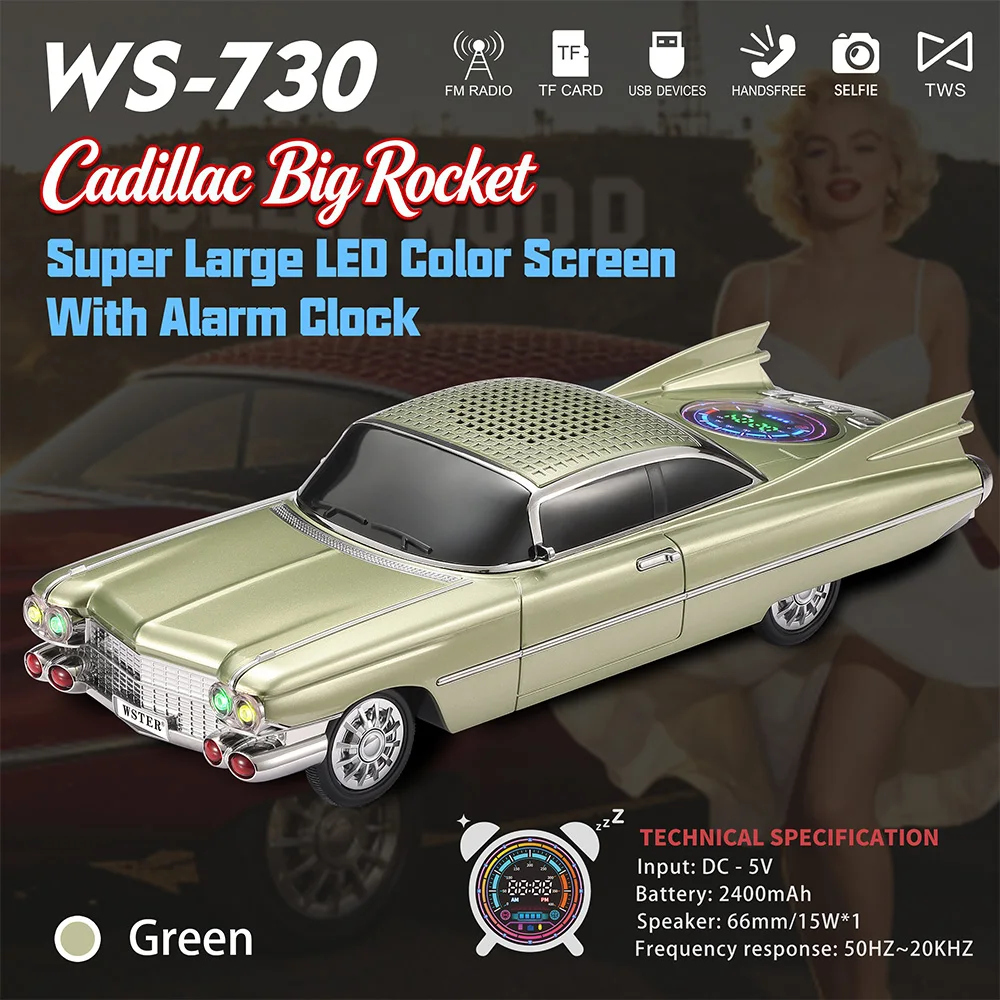 Retro Classic Car Bluetooth Speaker WS-730 Wireless Audio HIFI Boombox with Large LED Alarm Clock Screen, Support TF USB FM TWS
