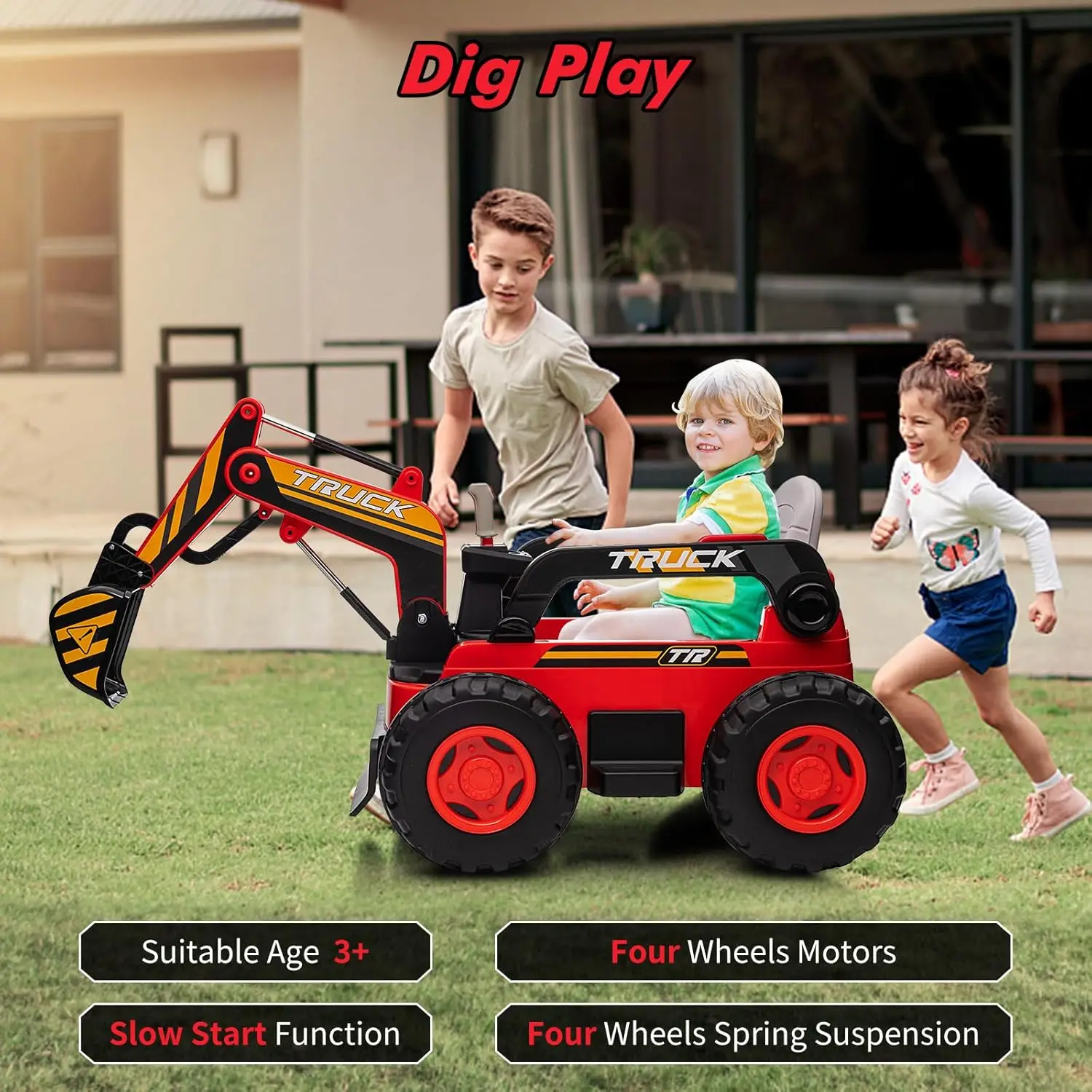 12V 10Ah kinderrit op graafmachine graafwagen met afstandsbediening en elektrische graafarm, 360 °   Rotatie, speelgoed voor bouwvoertuigen