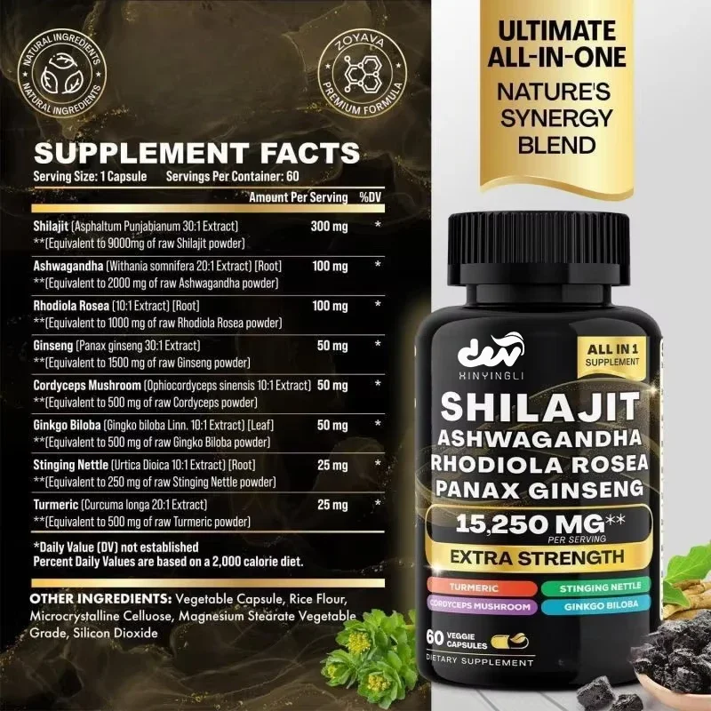 Shilajit Capsules Pure Himalayan Organic for Men/Women - 60 Capsules per Bottle Enhance Energy & Vitality Natural Supplement
