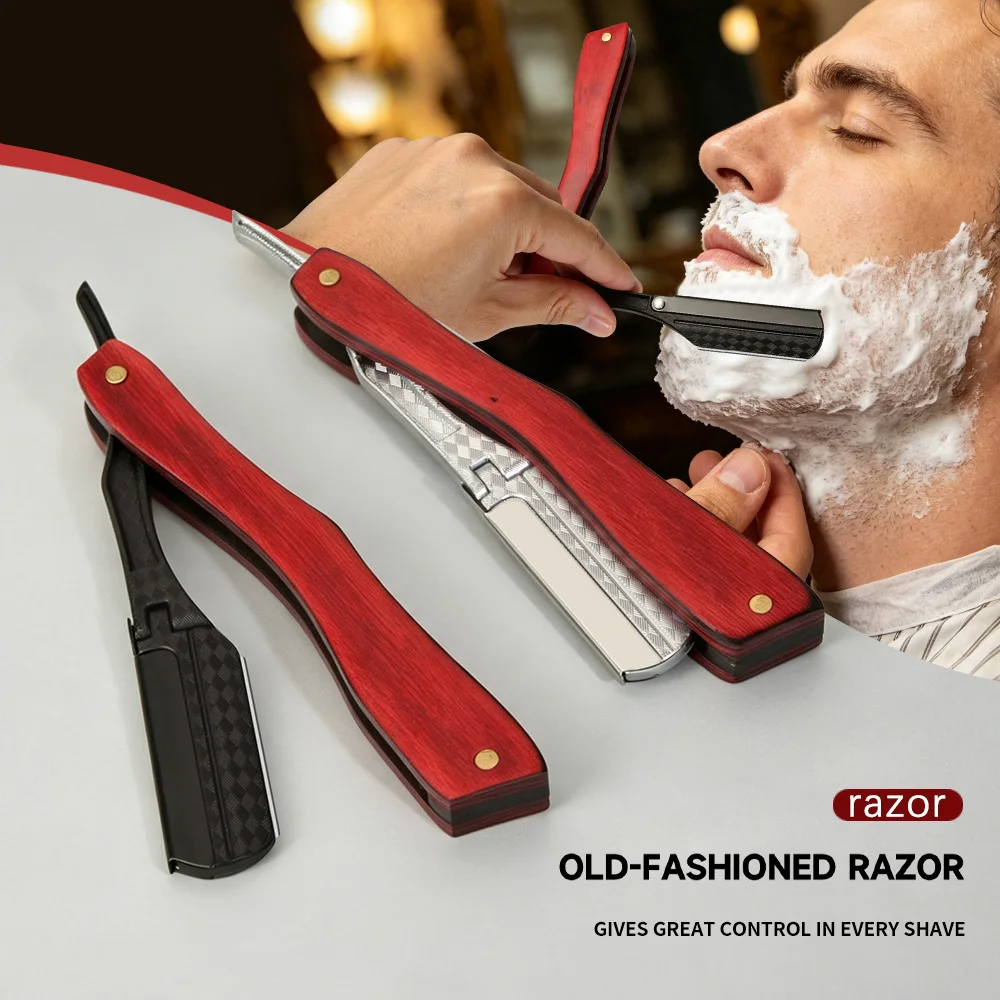Professional Barber Straight Razor, Foldable Wooden Handle Razor Stand, Men's Manual Wet Shaving Razor, Professional Beard Shaving and Eyebrow Trimming Razor, Vintage Wet Shaving Grooming Accessory, Replaceable Blade Facial Hair Trimming Tool, Christmas Father's Day Gift for Men