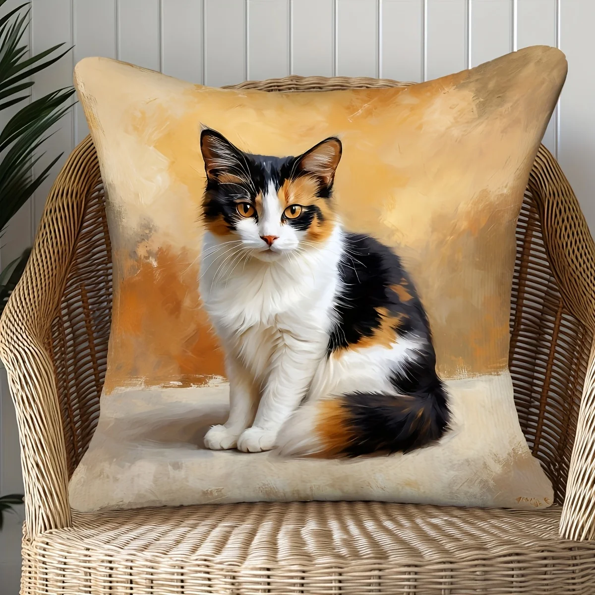 1pc 2D Flat (Pillow Not Included) Calico Cat Oil Painting Style Pillow Cover Pet Lover Gift Soft Plush Cushion Case