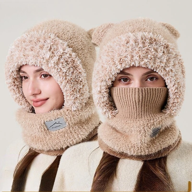 Warm Ear Protector, Scarf Integrated Plush Pullover Hat for Men and Women, Windproof and Cold-proof Thickened One-piece Hat