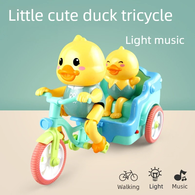 รถสามล้อไฟฟ้ารูปเป็ดน้อยสีเหลืองน่ารัก ของเล่นรถสามล้อการ์ตูนสัตว์มีไฟและเสียงเพลง ของเล่นสัตว์เลี้ยงอิเล็กทรอนิกส์สำหรับเด็ก