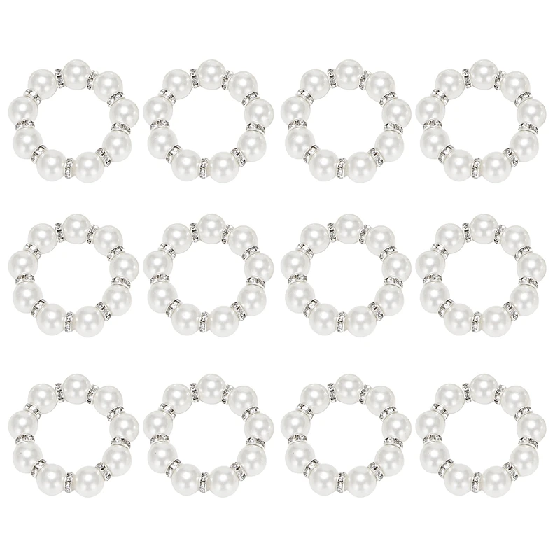 Napkin Rings Set Of 12, Imitation Pearl Rhinestone Beaded Napkin Ring Holder For Dinner Table Decoration Party ,Wedding