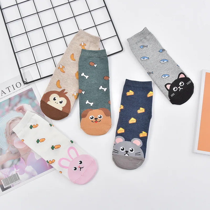 

Cartoon Animal Printed Women's Socks Cotton Fashion Color Blocked Adult Breathable Sweat Absorbing Cute Ankle Socks Wholesale