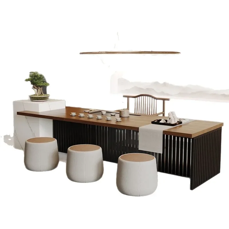 Home Living Room Office Kung Fu Tea Taichung Style Solid Wood Log Island Tea Table and Chair Combination