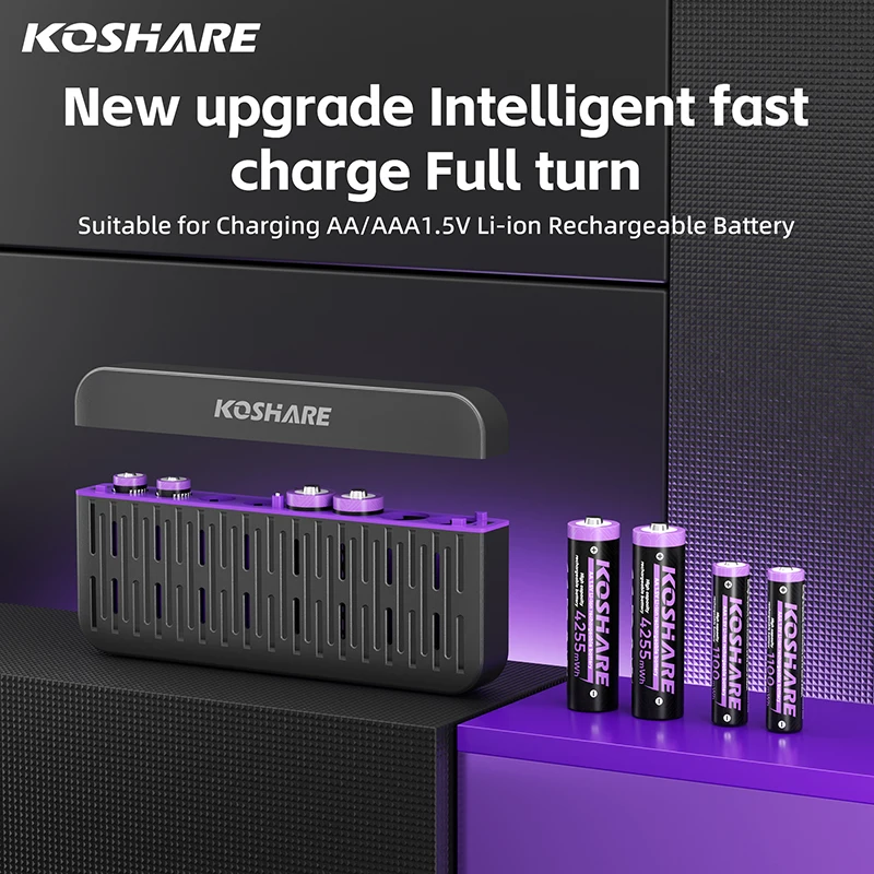 KOSHARE 1.5V Li-ion Rechargeable Batteries AA&AAA 4255mWh 1100mWh Lithium Charging Set With 8 Slot LED Smart Battery Charger Box