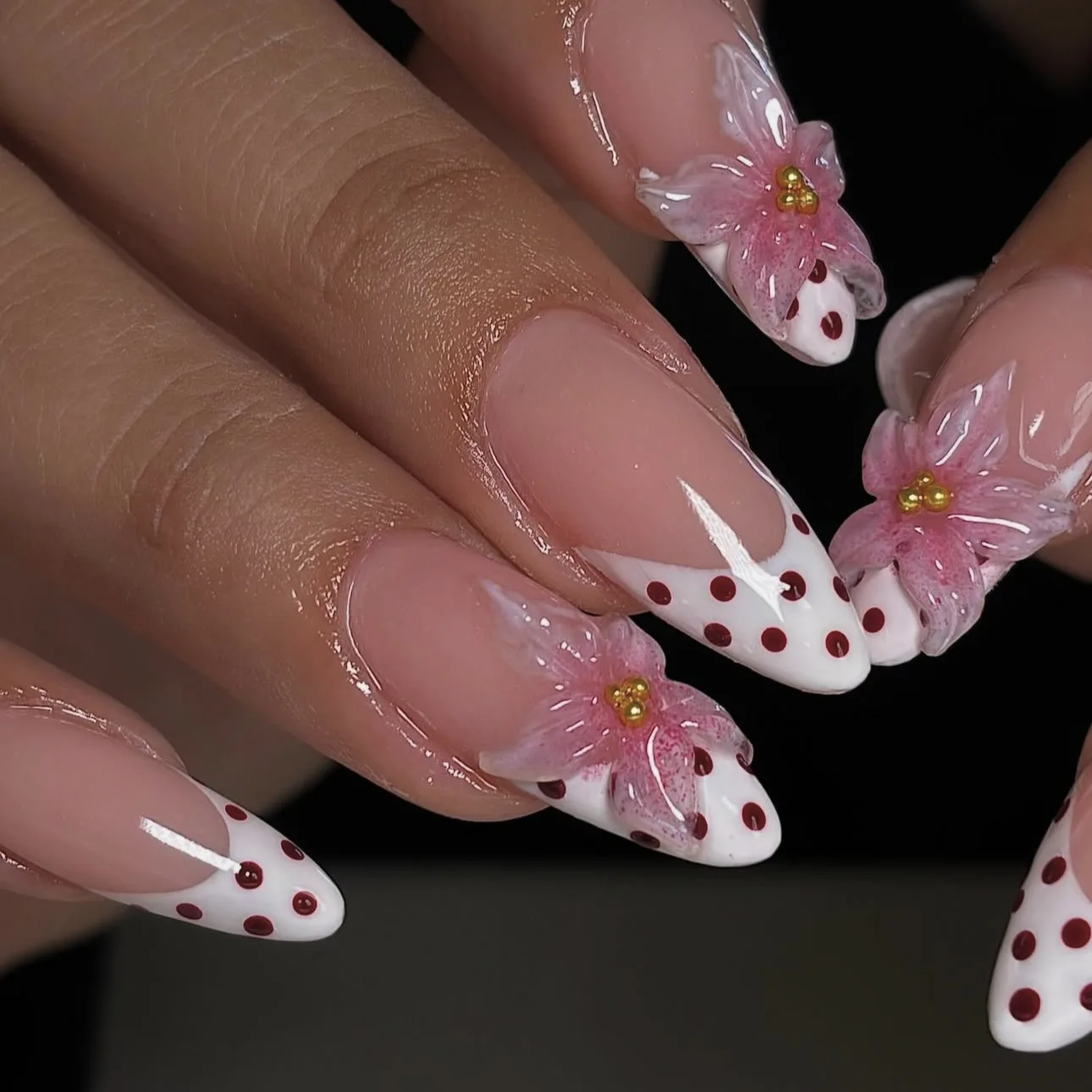 3D Fake Nails for Women Girls French Style Almond Nail Tips with Polka Dots Leopard Embossed Flowers Press On Acrylic False Nail