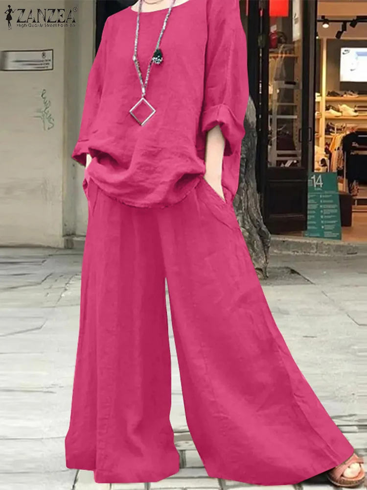 ZANZEA Women Long Pant Sets Fashion Long Sleeved Tops Long Trousers 2024 Spring Solid Round Neck Clothing Ankle-Length Bottoms