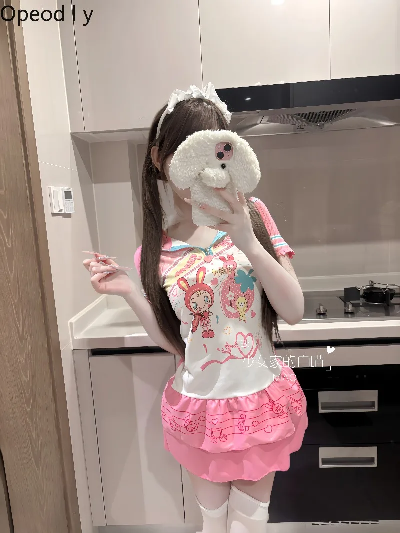 

Japanese Girl Original Cartoon Print Short-sleeved T-shirt Dress Cute Pink Hooded Summer Short-sleeved Dress Daughter Dresses