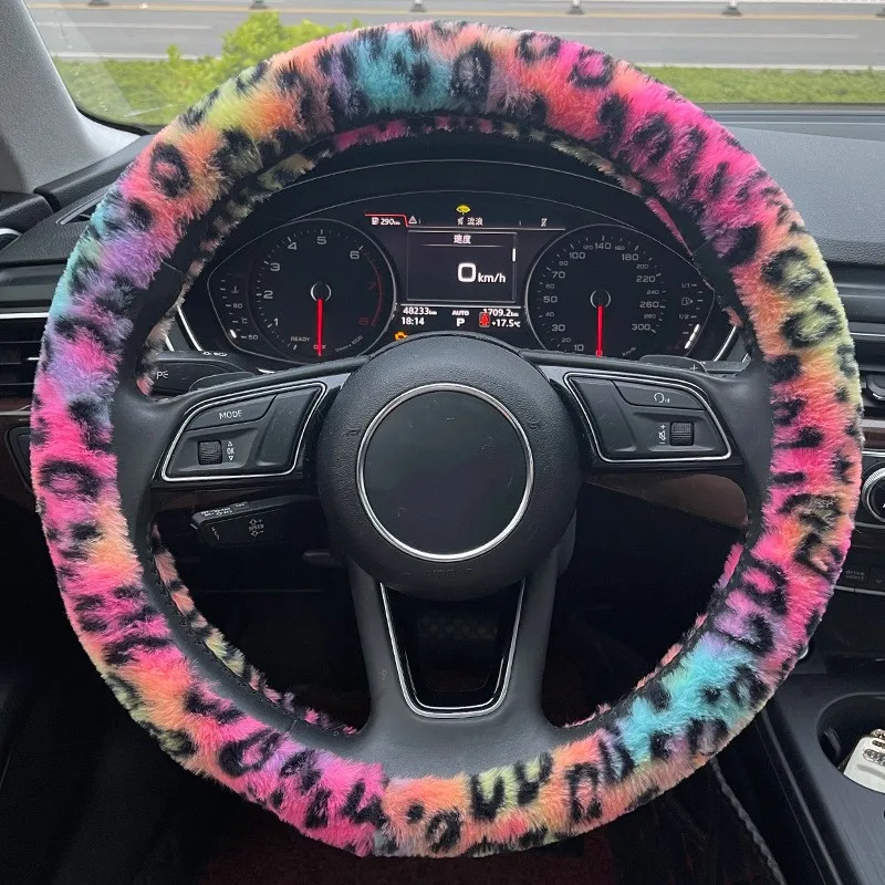 Universal Plush Leopard Pattern Car Steering Wheel Cover Car-styling Anti-slip Protective Case For Auto Interior Decoration