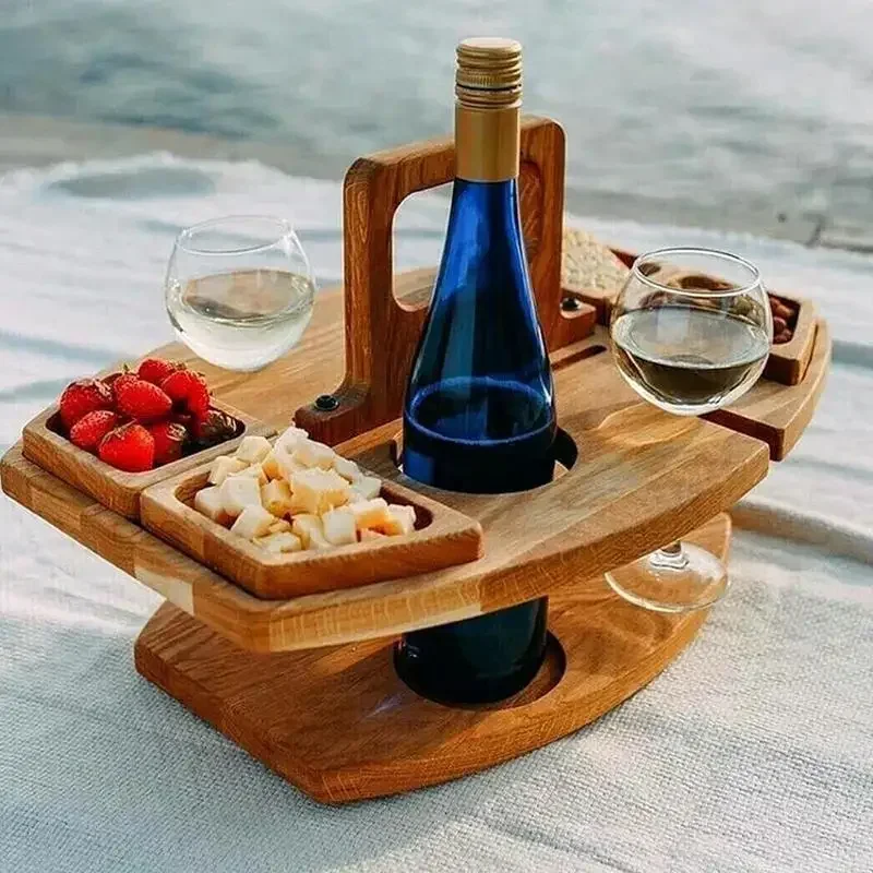 Tragbare im Freien abnehmbare Wein Picknick tisch Holz Snack Tisch Weinhalter Strand Camping Picknick Wein Tisch Obst Snack Tablett