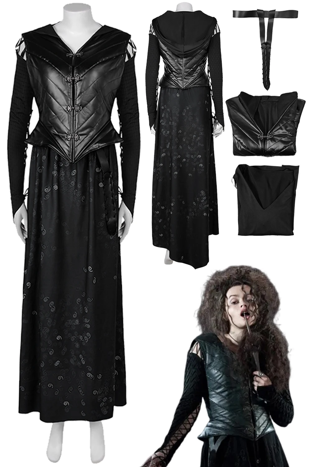 

Bellatrix Cos Lestrange Cosplay Fantasy Costume Magic Movie Roleplay Belt Underwear Outfits Adult Women Halloween Disguise Suit