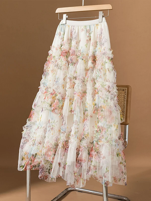 Unique Beautiful Floral Half Skirt Women's plus Size Summer High Waist Slimming Belly Covering Anti-Aging A-Line Cake Long Skirt