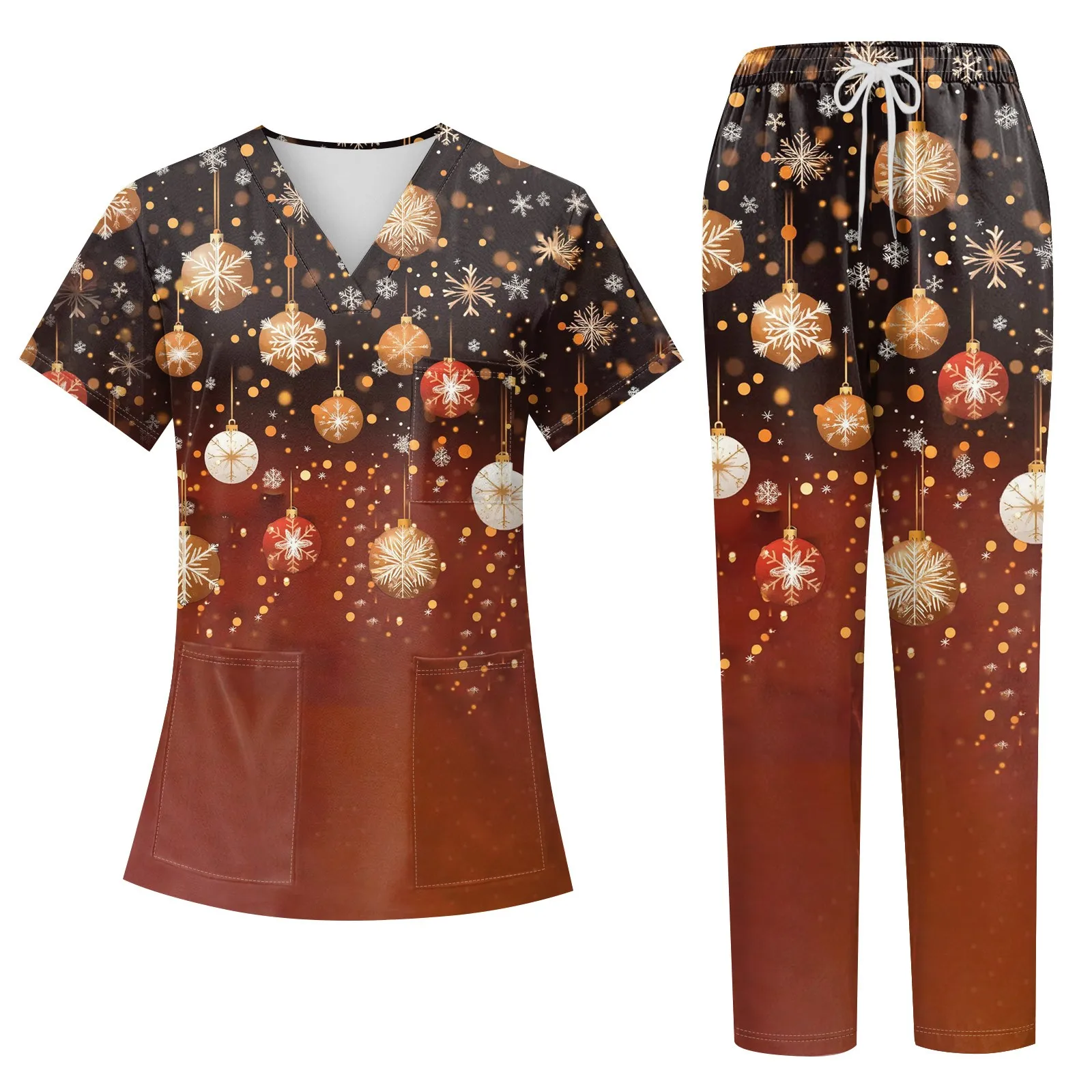 Feminino tema de natal manga curta topo e calças compridas roupas de trabalho conjunto de duas peças médico enfermeira uniformes cirúrgicos