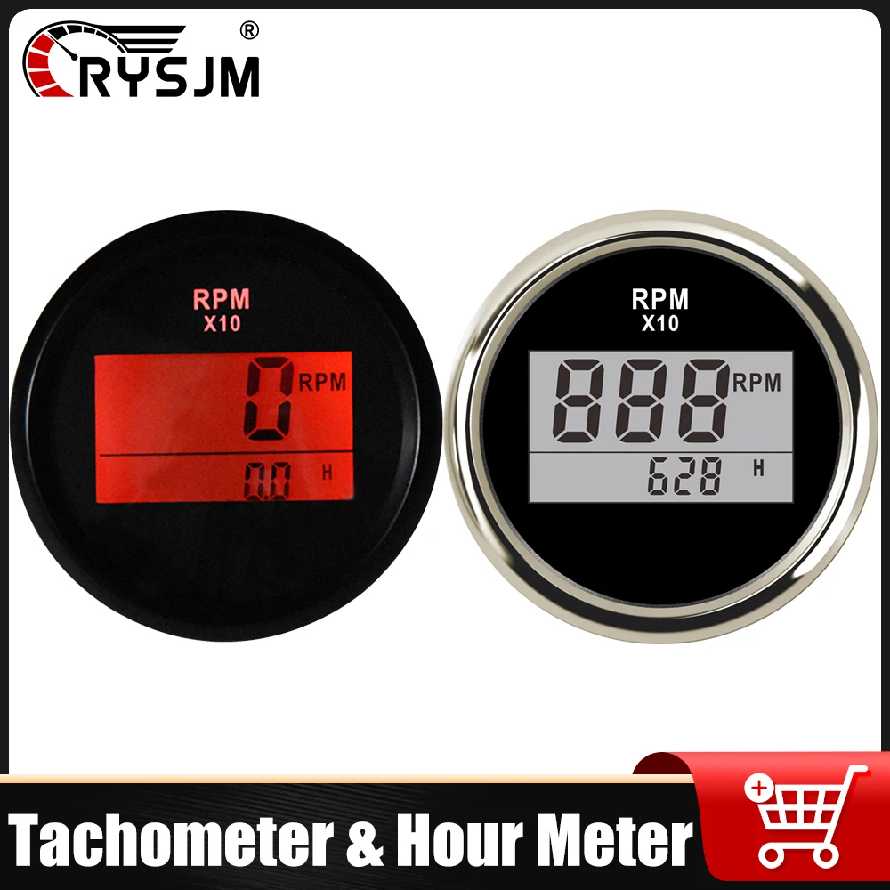 

52MM 0-9990 RPM Tachometer Car Digital Meter With Hour Display Red Backlight Gauge For Universal Car Truck Boat Marine 12V24V