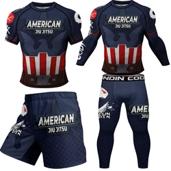 New Jiu Jitsu T-shirt +Pant 4pcs/set Rashguard Men Bjj Gi Brazilian Grappling MMA Muay Thai Shorts Gym Sport Clothing Sportswear