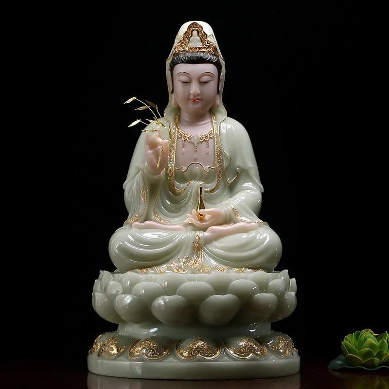 Baocheng Buddhism, stone carving, white marble, Guanyin Buddha statue, living room, Buddha ornaments, jade, gold inlaid jade