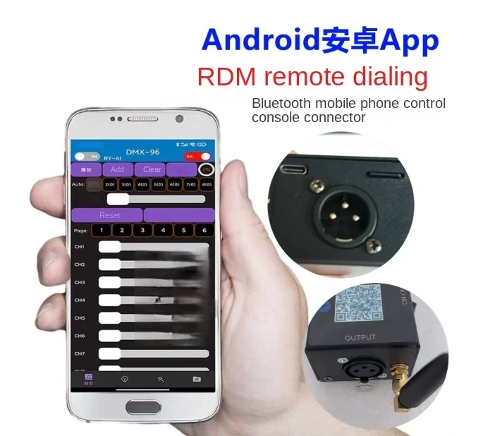 Akumulatorowa konsola oświetleniowa sceniczna DMX512 z funkcją nagrywania RDM, ładowaniem Type-C, bezprzewodowym Bluetooth i zdalnym sterowaniem przez aplikację Android. — zdjęcie produktu 4