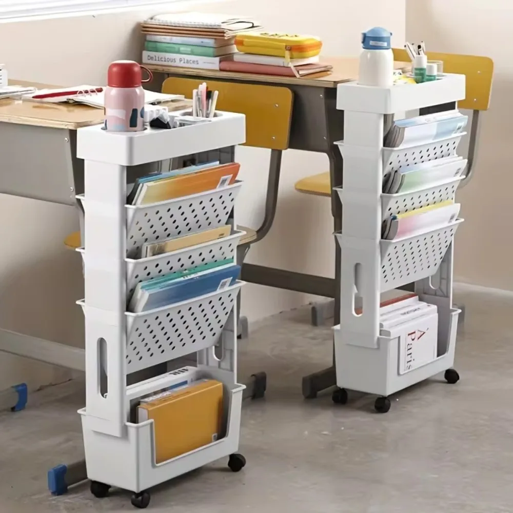 Movable Bookshelf on Wheels 5/6 Layers Classroom Bookshelf Movable Floor Small Cart Book Storage Shelf Pen Holder Office Shelf