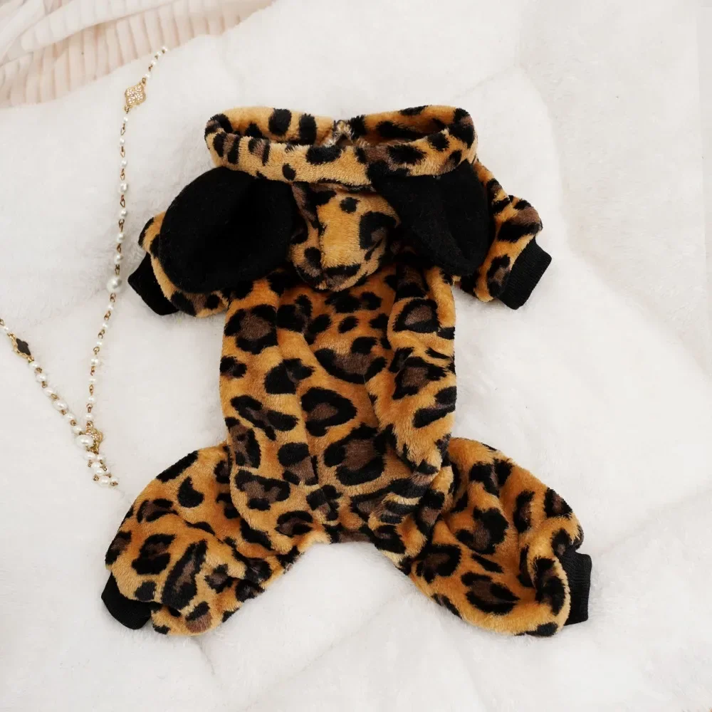 Leopard Fleece Soft Dog Jumpsuits Winter Warm Pet Clothing for Dogs Pajamas Pet Hoodies Coat Chihuahua Teddy Costume Ropa Perro