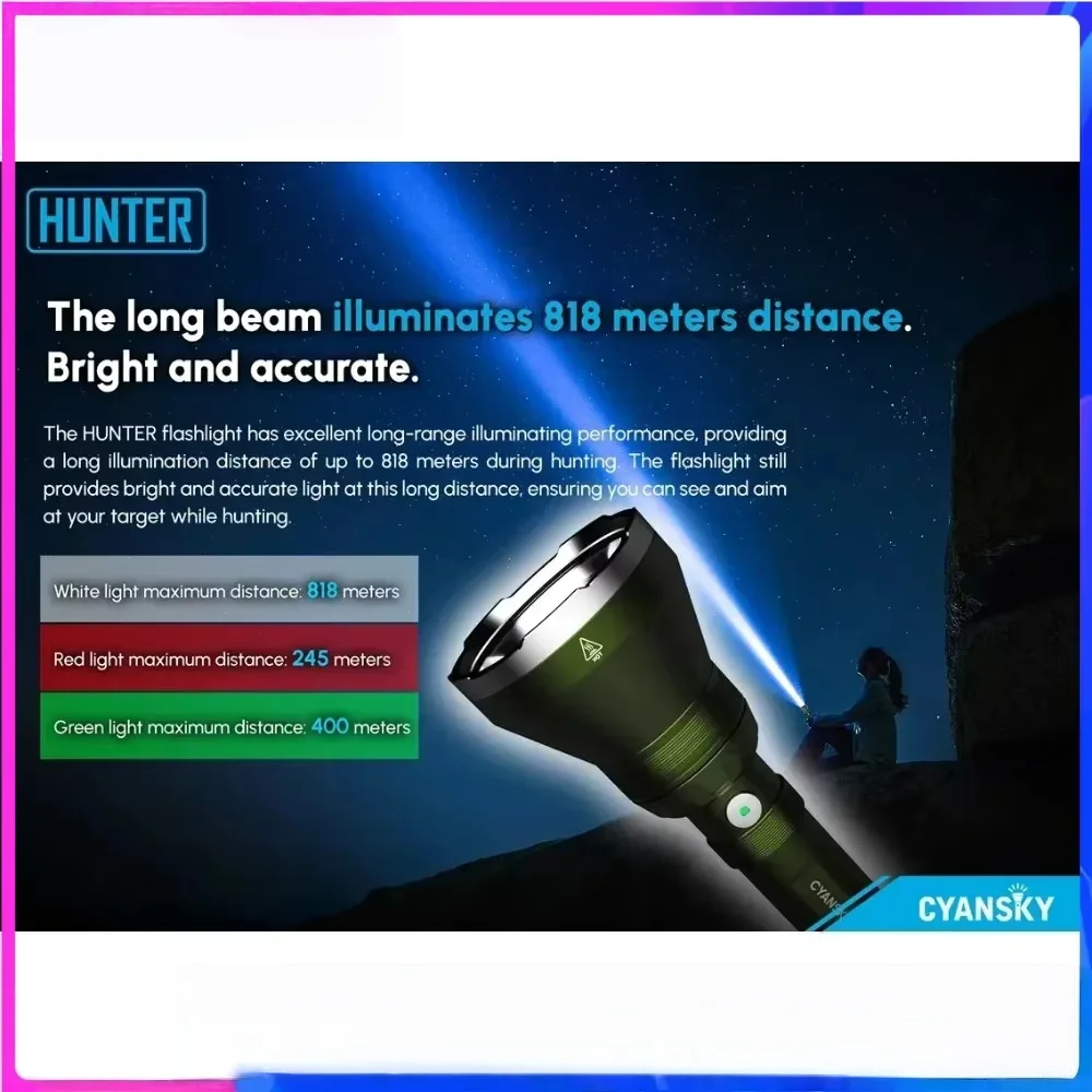 CYANSKY HUNTER Multi-color Long-range Hunting Flashlight Rechargeable Blood Light Tracking Green Red Hunting Light for Gun