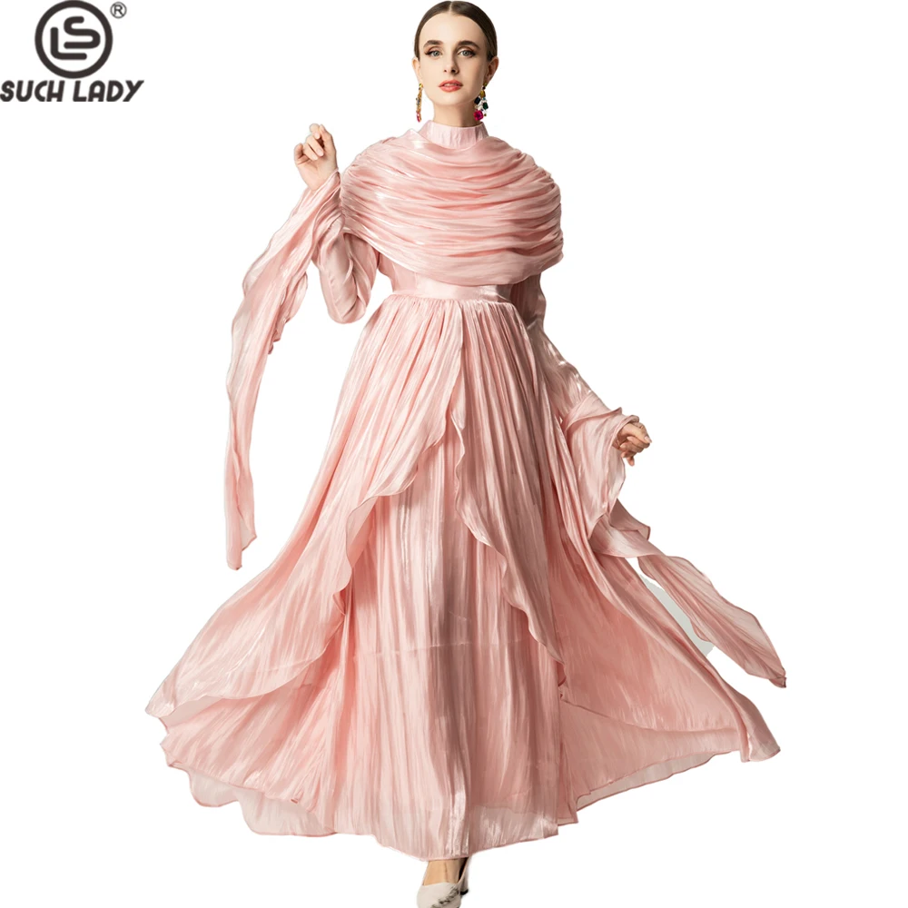 

Женское плиссированное драпированное платье макси, элегантное вечернее платье с высоким воротником, длинными рукавами, оборками по низу и струящимся силуэтом для вечерних мероприятий