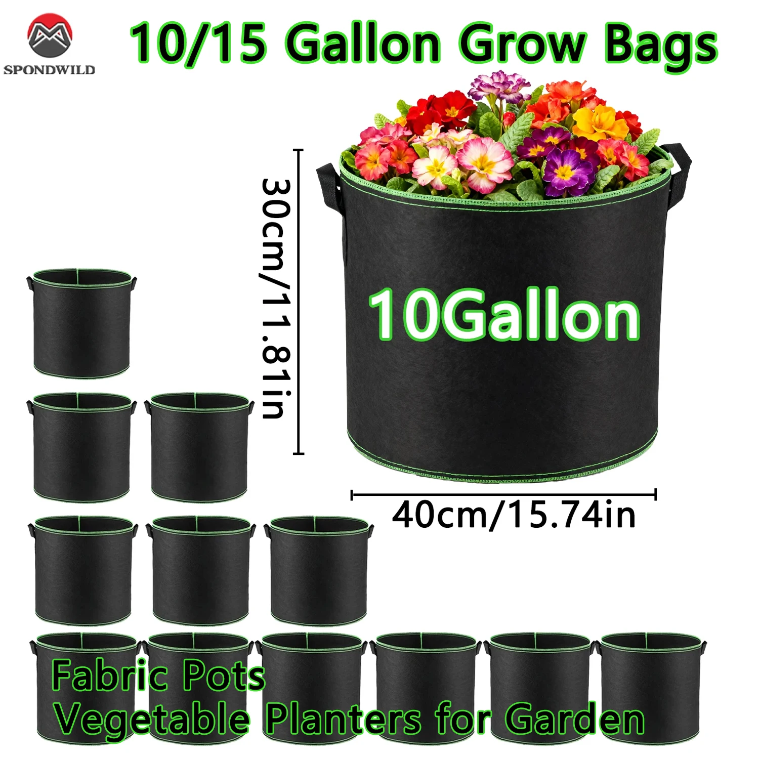10/15 Gallon Heavy Duty Grow Bags, Thickened Nonwoven Fabric Pots with Handles for Tomato Potato Vegetable