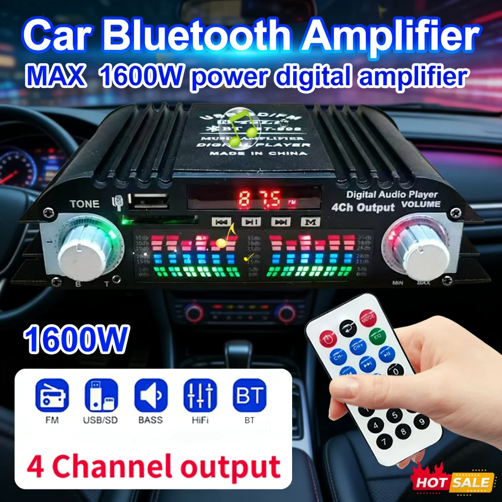 1600W Peak Power Digital 4 Channel Audio Amplifier Remote Control Bluetooth-Compatible Karaoke Player 4 Channel HiFi Stereo AMP