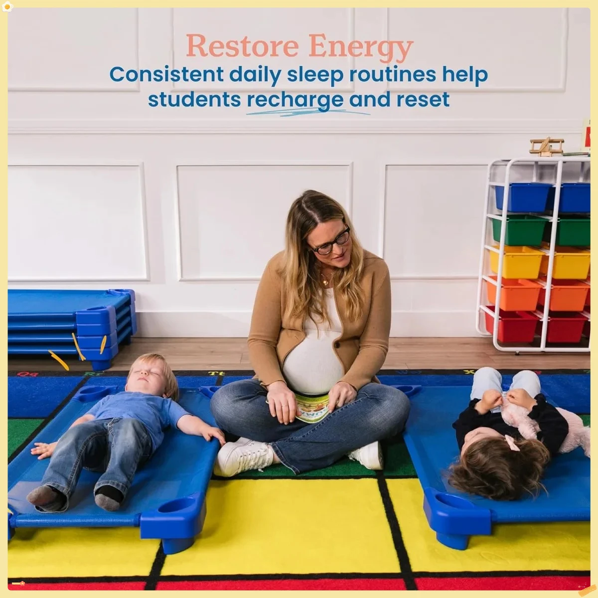 Berço empilhável para crianças, pacote com 6, pronto para montar, azul, tamanho em sala de aula