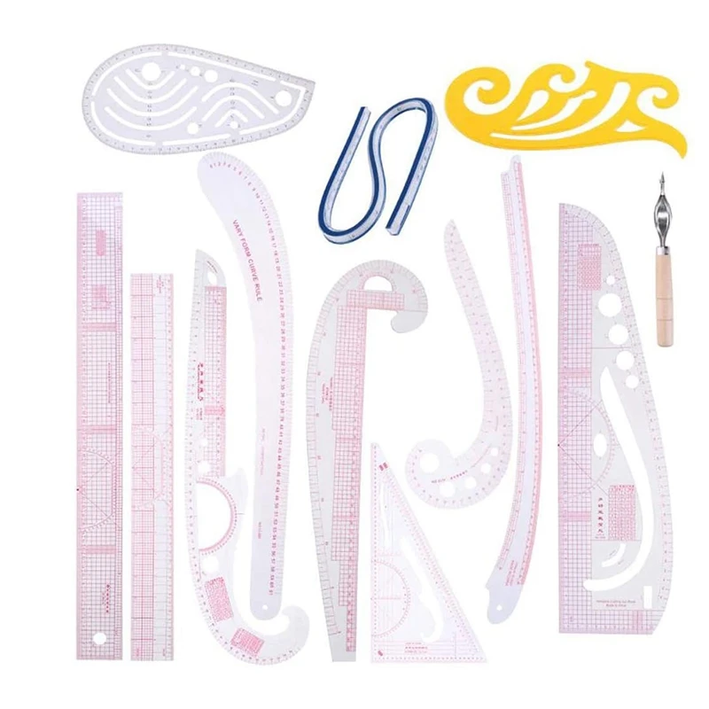 LICG 13Pcs Sewing Ruler Line French Curve Ruler Cutting Mat Set Yardstick Sleeve French Curve Cutting Knife Ruler Sewing Tool