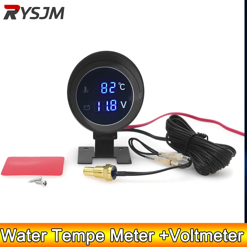Napięcie AD Okrągły woltomierz cyfrowy LED Temperatura wody 2 w 1 Gauge z czujnikiem temperatury wody 10MM 12V 24V Wodoodporny