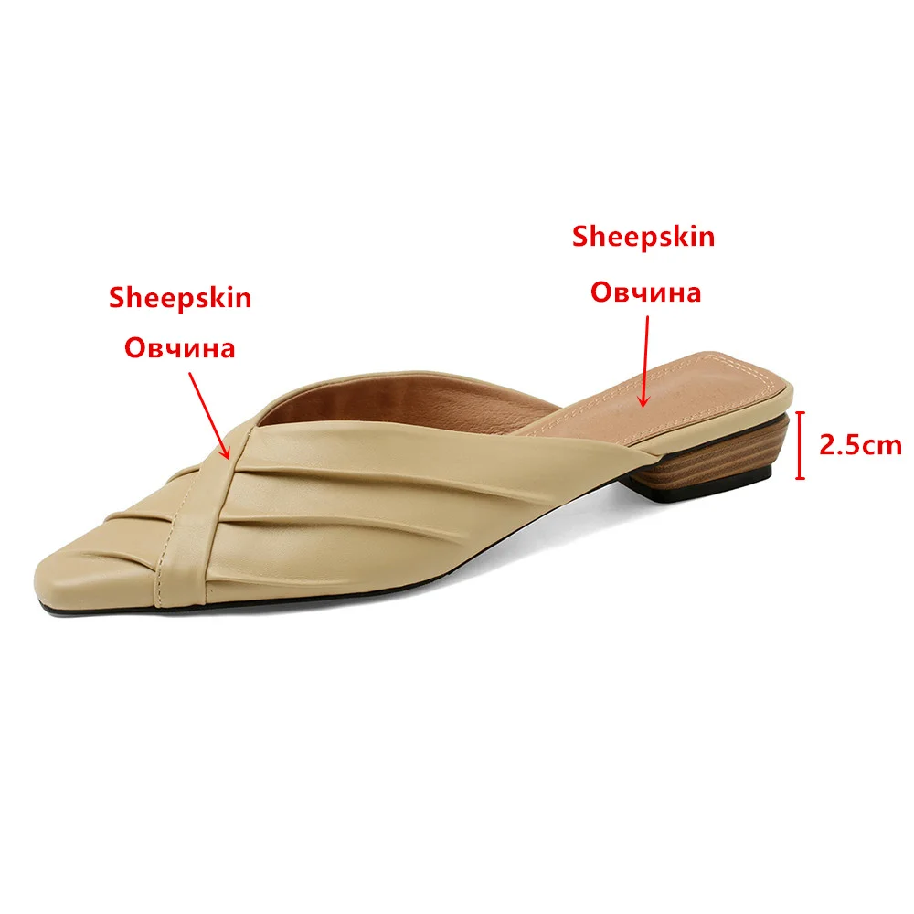 Aucegi Classic Women Slippers 2023 Gentle Pleated Lazy Mules Small Square Toe Flat Heels Brand Casual Slides Summer Dress Shoes