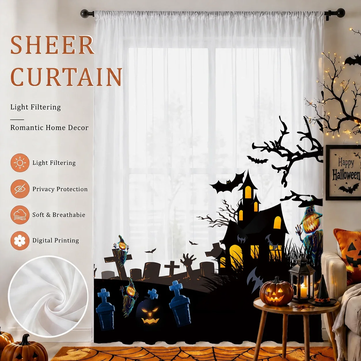 Halloween Sheer Curtain,Spooky Haunted House Bat Pumpkin Grave Voile Curtain,Light Filtering Privacy Window Drapes for Living Be
