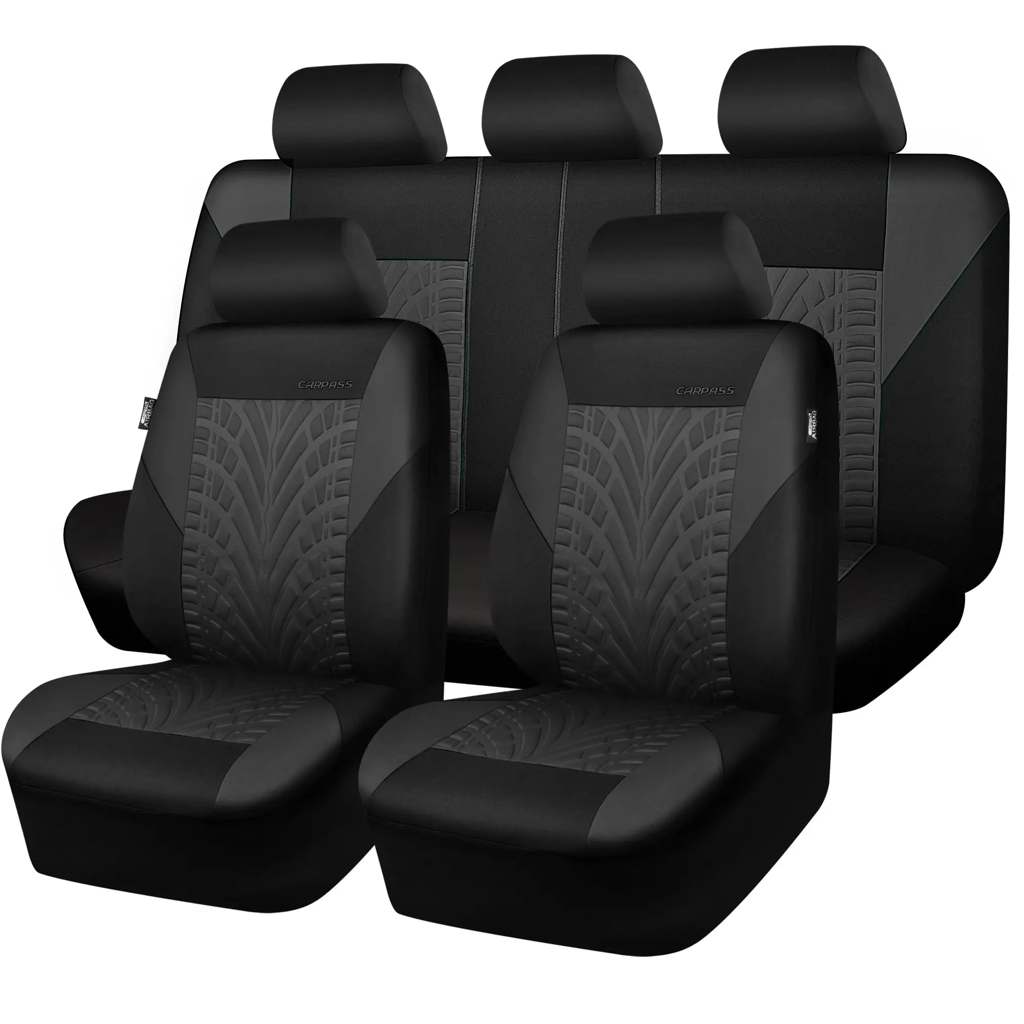 Car Seat Covers Full Sets, Front & Split Rear Bench for Car, 3D Tyre Embossed Automotive Interior Covers, Airbag Compatible