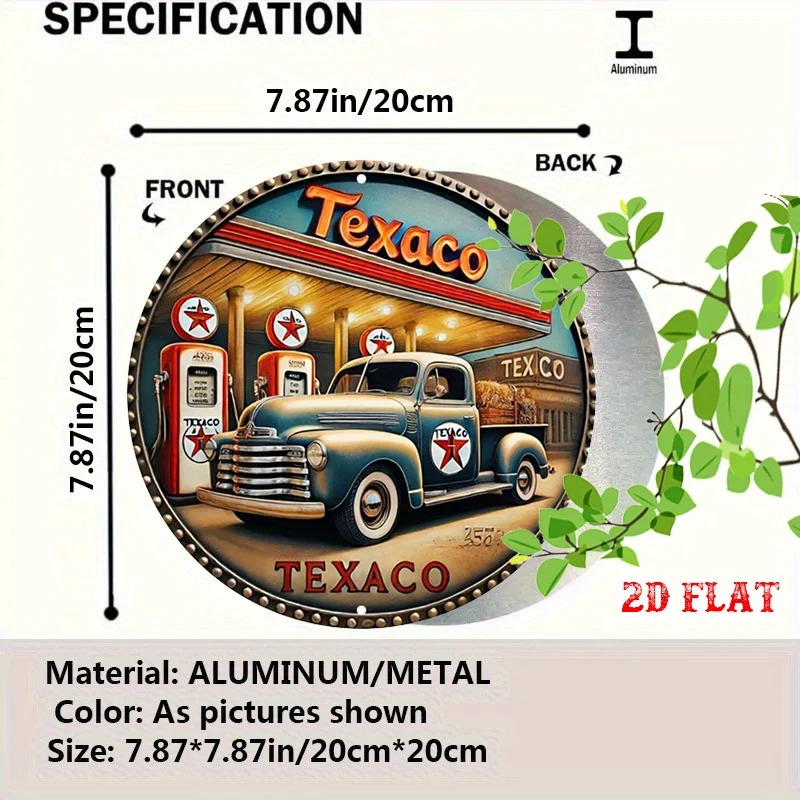2D Flat, 1pc Texaco Vintage Gas Station Round Aluminum Sign - 7.87x7.87 Inch Classic Truck & Pump Design, Rustic Metal Wall Art