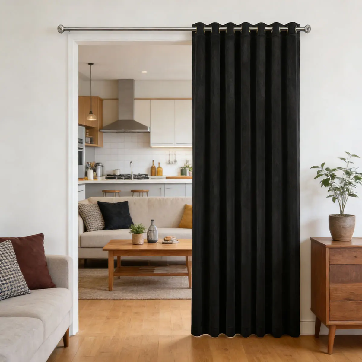 Black Velvet Grommet Room Divider Curtain, Blackout Privacy Drape for Universal Living Room Doorway Balcony Decor
