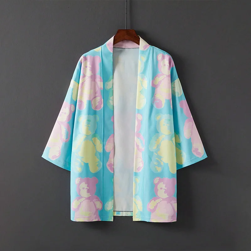 النمط الياباني موضة فضفاضة الرجعية Ins شعبية الفتاة لطيف الدب ثلاثية الأبعاد طباعة كيمونو سترة الصيف هاواي شاطئ زوجين عطلة قميص قطعة واحدة ملابس السباحة التستر