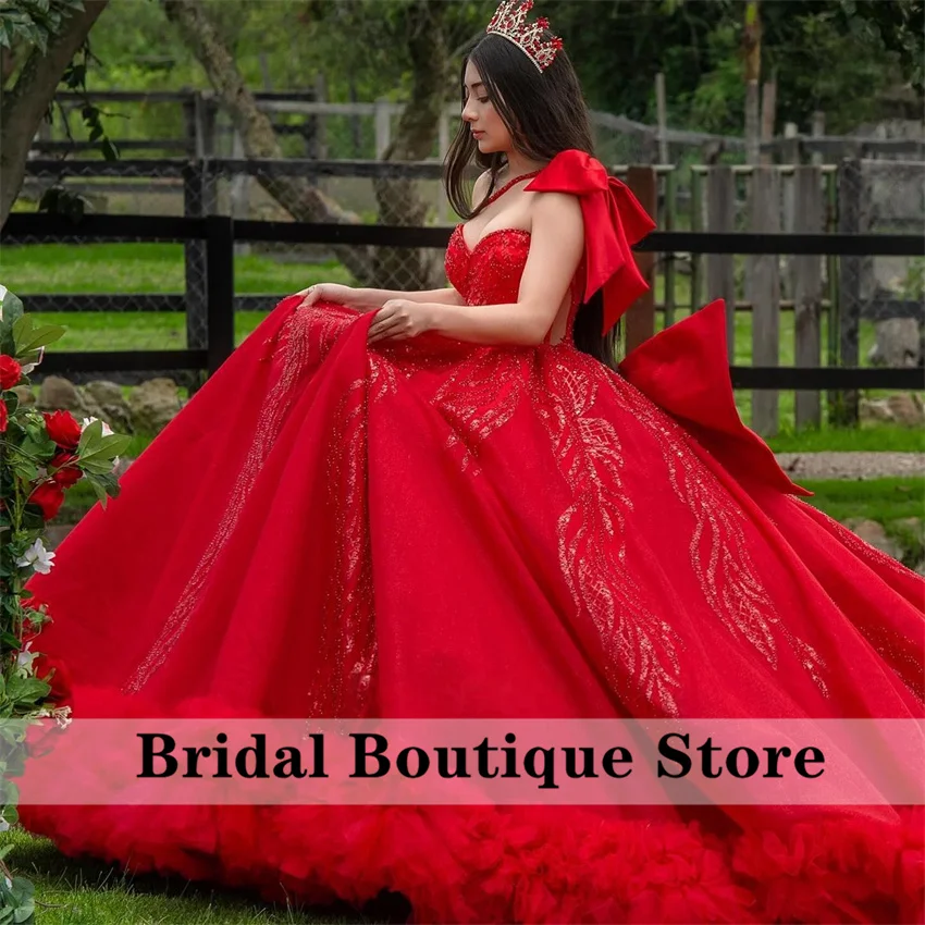 Customized Shiny Red Off Shoulder Quinceanera Dress Tull Tiered ruffle layering Bow vestidos de 15 Quinceanera 16th Ball Gown