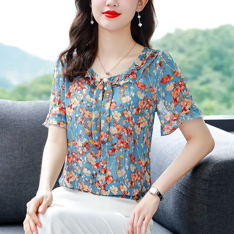Short Sleeve Round Neck Chiffon Blouse Women Floral Print 2022 Female Casual Chic Shirts Summer Korean Ladies Loose Pullover Top