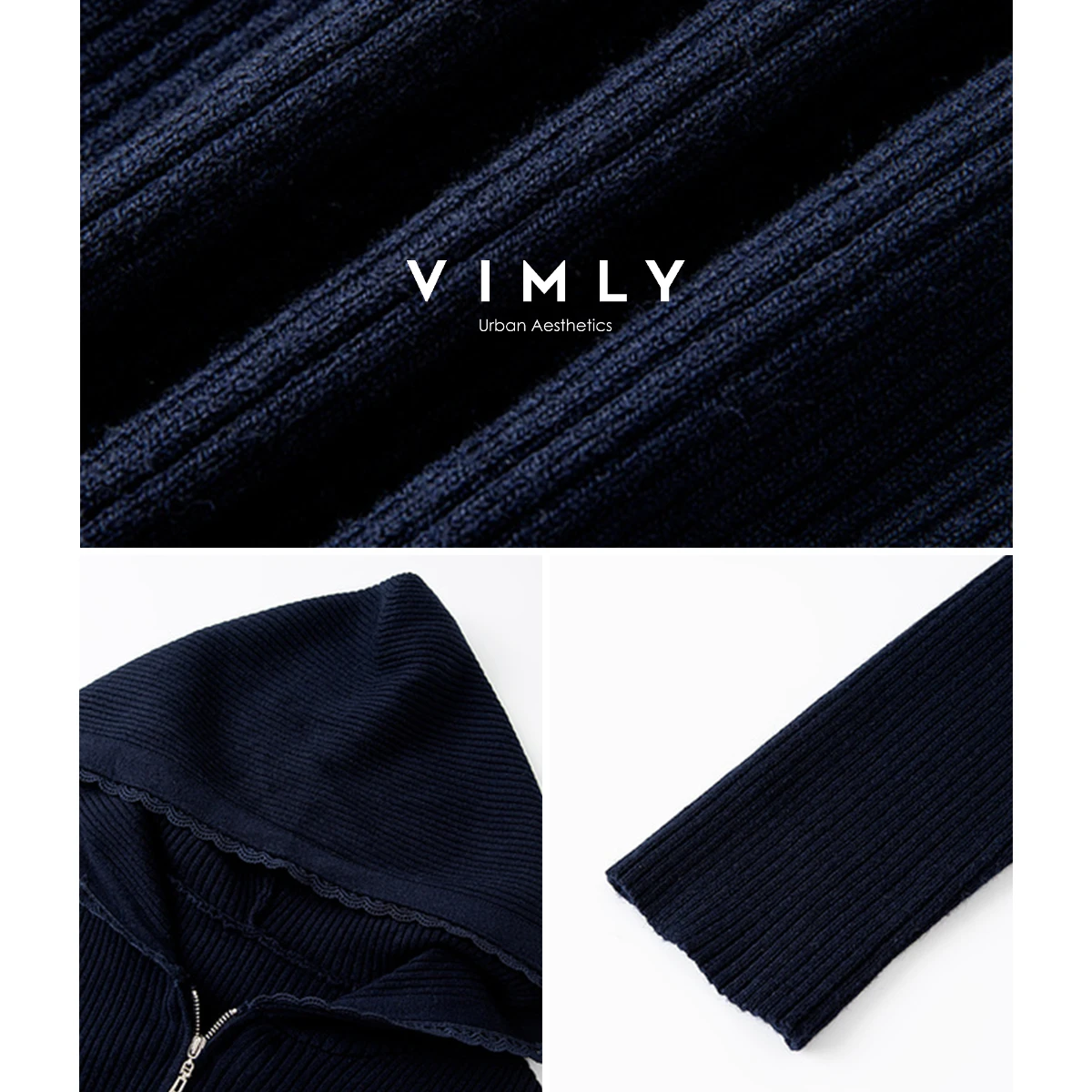 เสื้อคาร์ดิแกนมีฮู้ดสีน้ำเงินกรมท่า VIMLY สำหรับผู้หญิง สไตล์ลำลอง แขนยาว ซิปหน้า ถักนิตติ้ง เสื้อสเวตเตอร์ผู้หญิง ฤดูใบไม้ร่วง 2025 ทรงเข้ารูป เสื้อจั๊มเปอร์ผู้หญิง รุ่น 75218